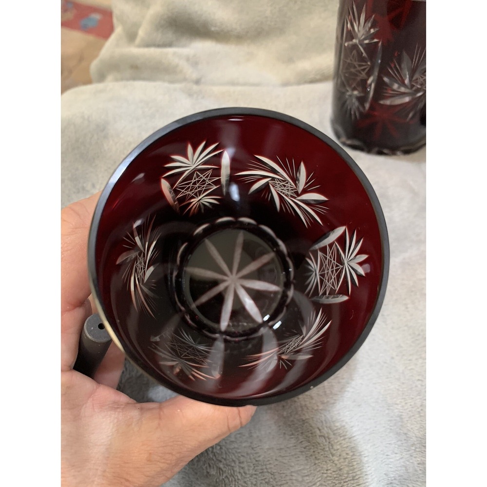 SET OF 4 RUBY RED BOHEMIAN CRYSTAL CUT TO CLEAR WHISKEY TUMBLER BAR GLASSES - Picture 13 of 14